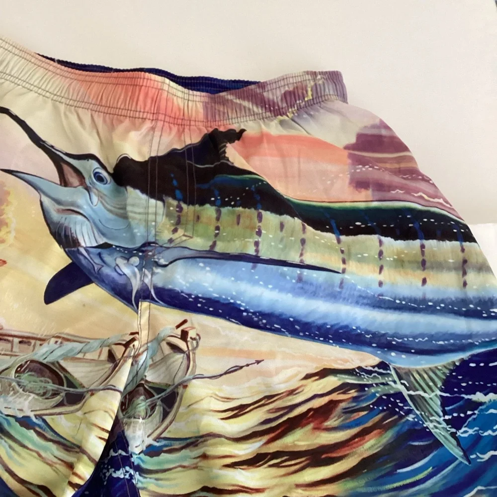 Guy Harvey Santigold Swim Trunks Men’s Size Medium Multi Color Old Man And Sea